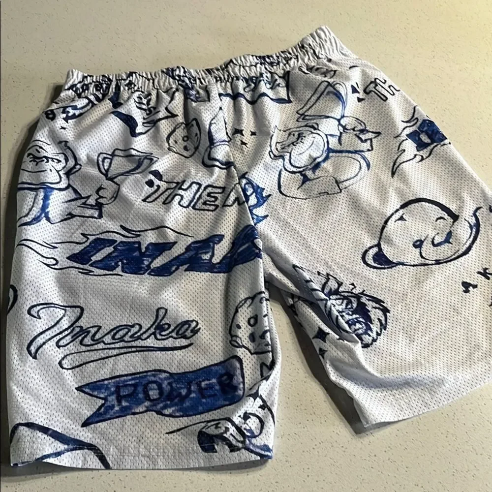 Inaka Power White Graphic Mesh Shorts with Navy Design Mens L